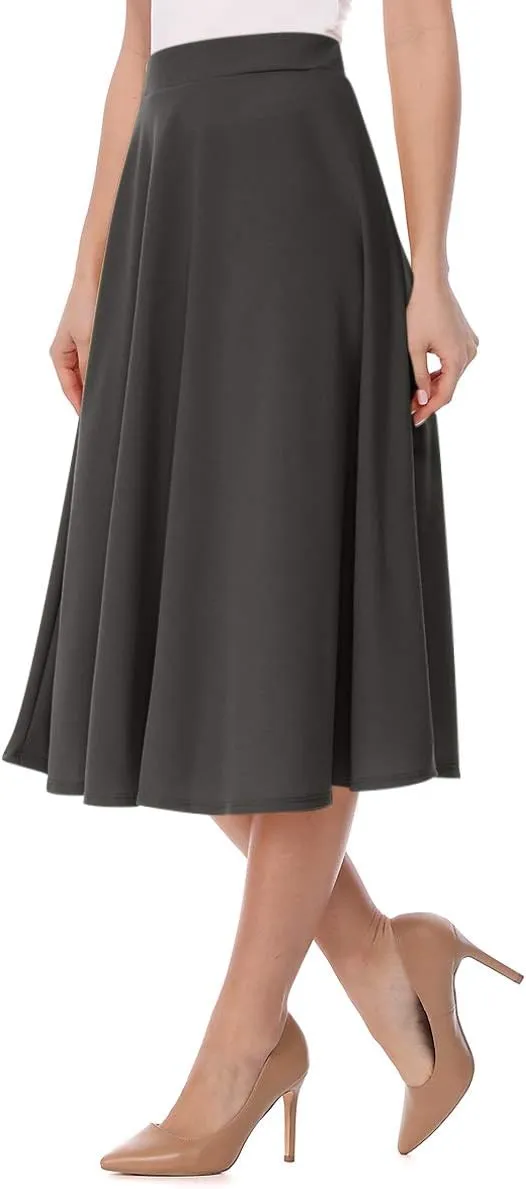 FashionJOA Women's Solid Print Casual Comfy Sexy Office Work Relaxed Fit A-Line Midi Skirt