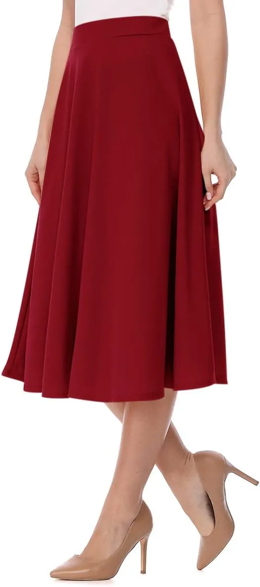 FashionJOA Women's Solid Print Casual Comfy Sexy Office Work Relaxed Fit A-Line Midi Skirt