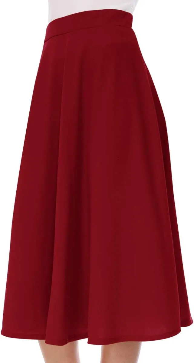 FashionJOA Women's Solid Print Casual Comfy Sexy Office Work Relaxed Fit A-Line Midi Skirt