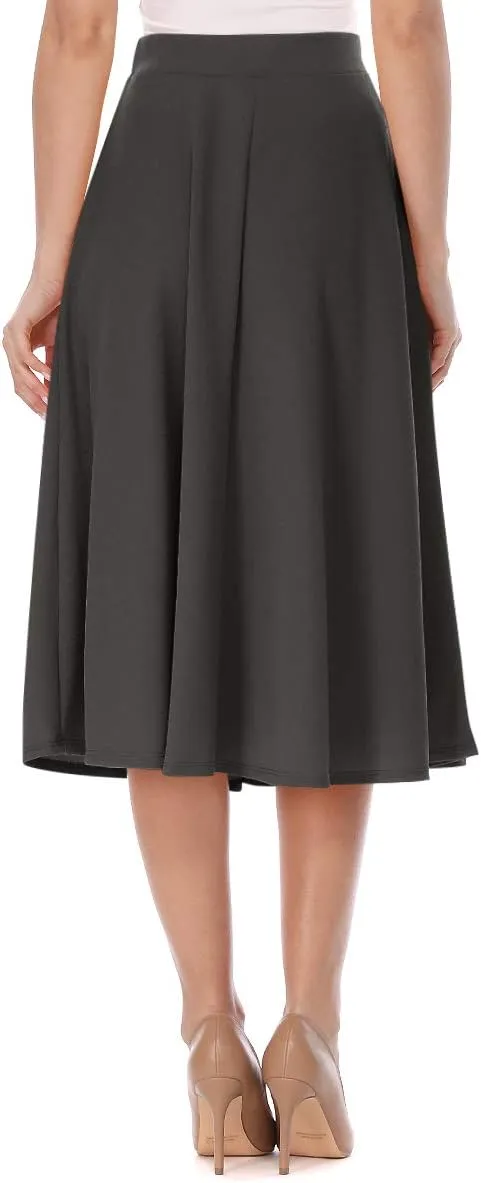 FashionJOA Women's Solid Print Casual Comfy Sexy Office Work Relaxed Fit A-Line Midi Skirt
