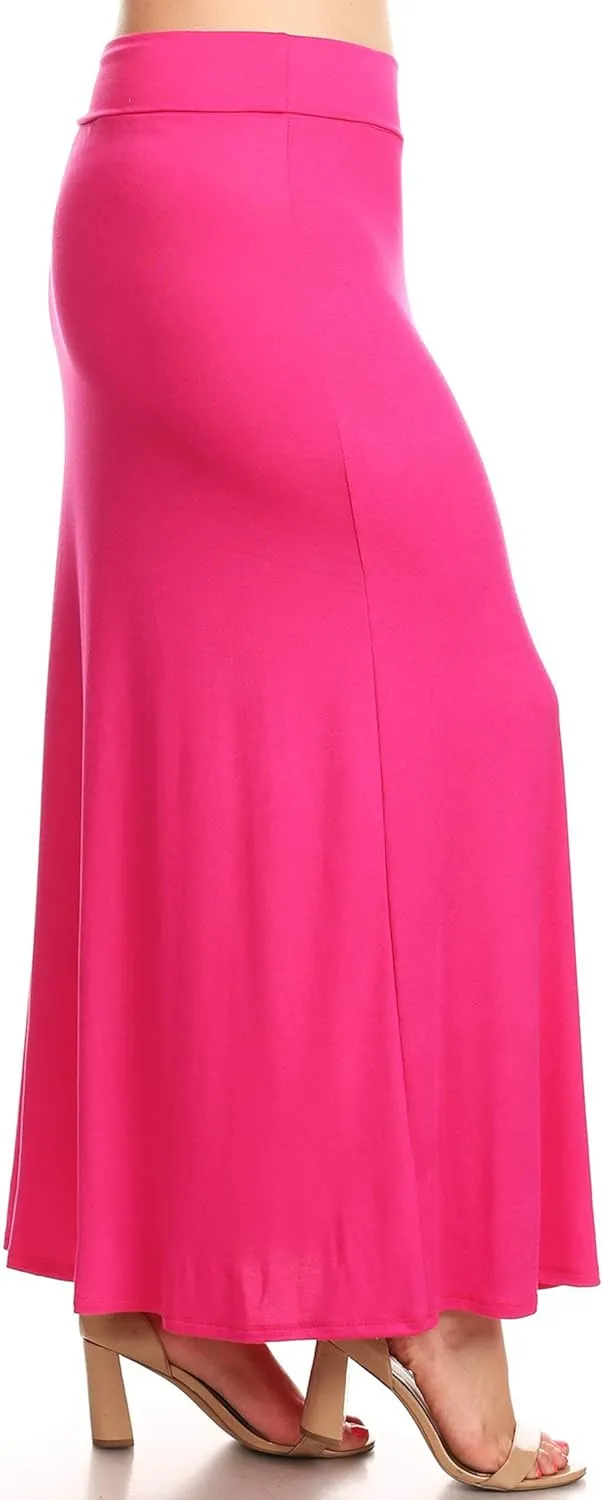 FashionStream Women's Plus Size High Waist Foldable Elastic Band Relaxed Fit Solid Maxi Skirt