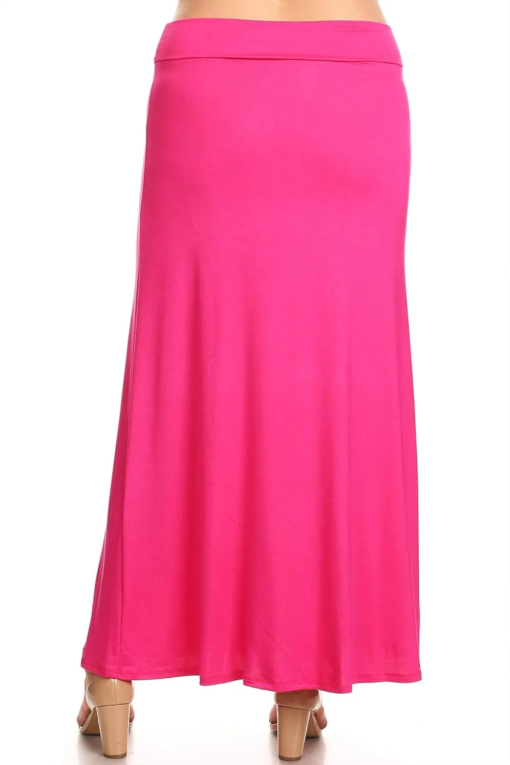 FashionStream Women's Plus Size High Waist Foldable Elastic Band Relaxed Fit Solid Maxi Skirt