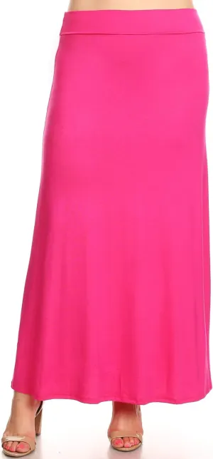 FashionStream Women's Plus Size High Waist Foldable Elastic Band Relaxed Fit Solid Maxi Skirt