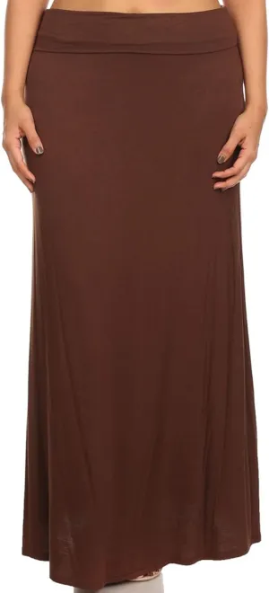 FashionStream Women's Plus Size High Waist Foldable Elastic Band Relaxed Fit Solid Maxi Skirt