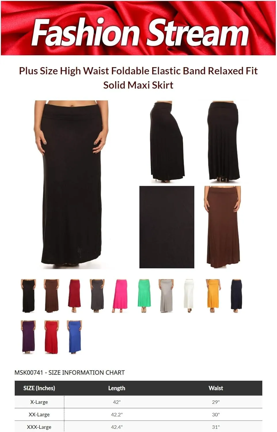FashionStream Women's Plus Size High Waist Foldable Elastic Band Relaxed Fit Solid Maxi Skirt