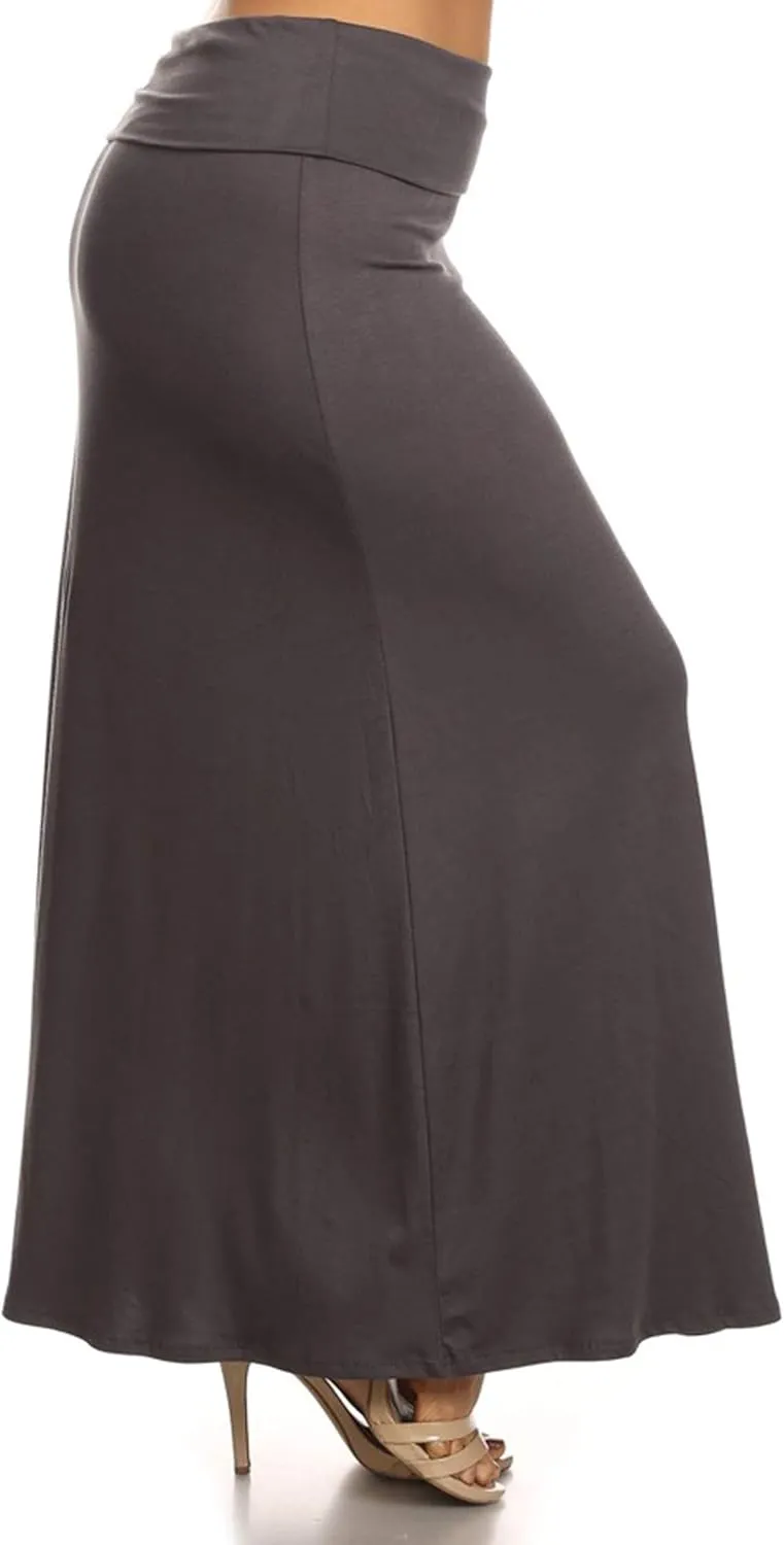 FashionStream Women's Plus Size High Waist Foldable Elastic Band Relaxed Fit Solid Maxi Skirt