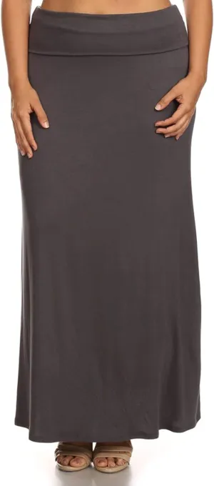 FashionStream Women's Plus Size High Waist Foldable Elastic Band Relaxed Fit Solid Maxi Skirt