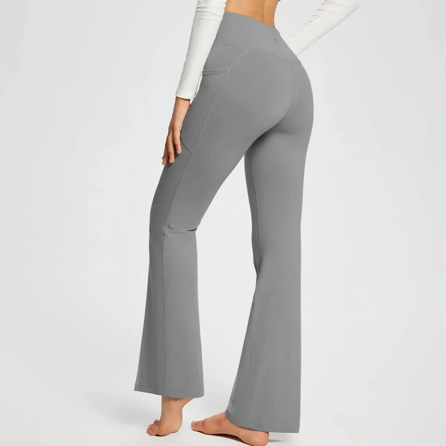 Flare Leggings With Pockets For Women High Waist Casual Workout Bell Bottom Pant Soft Yoga Wide Leg Bootcut Trouser