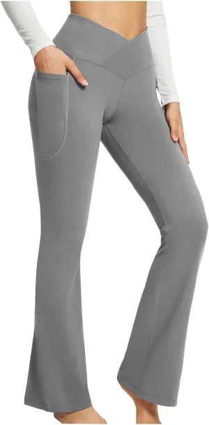 Flare Leggings With Pockets For Women High Waist Casual Workout Bell Bottom Pant Soft Yoga Wide Leg Bootcut Trouser