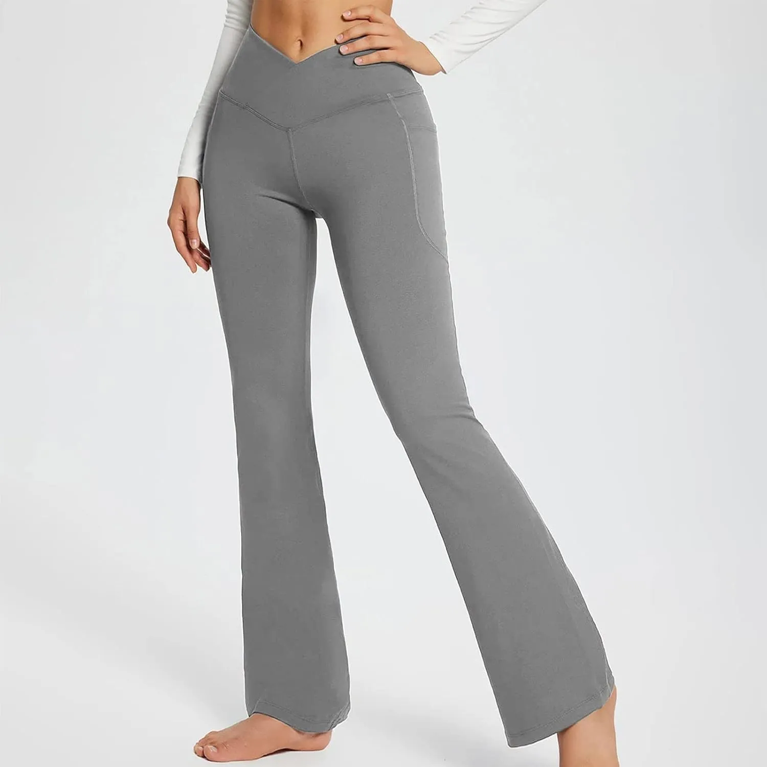 Flare Leggings With Pockets For Women High Waist Casual Workout Bell Bottom Pant Soft Yoga Wide Leg Bootcut Trouser