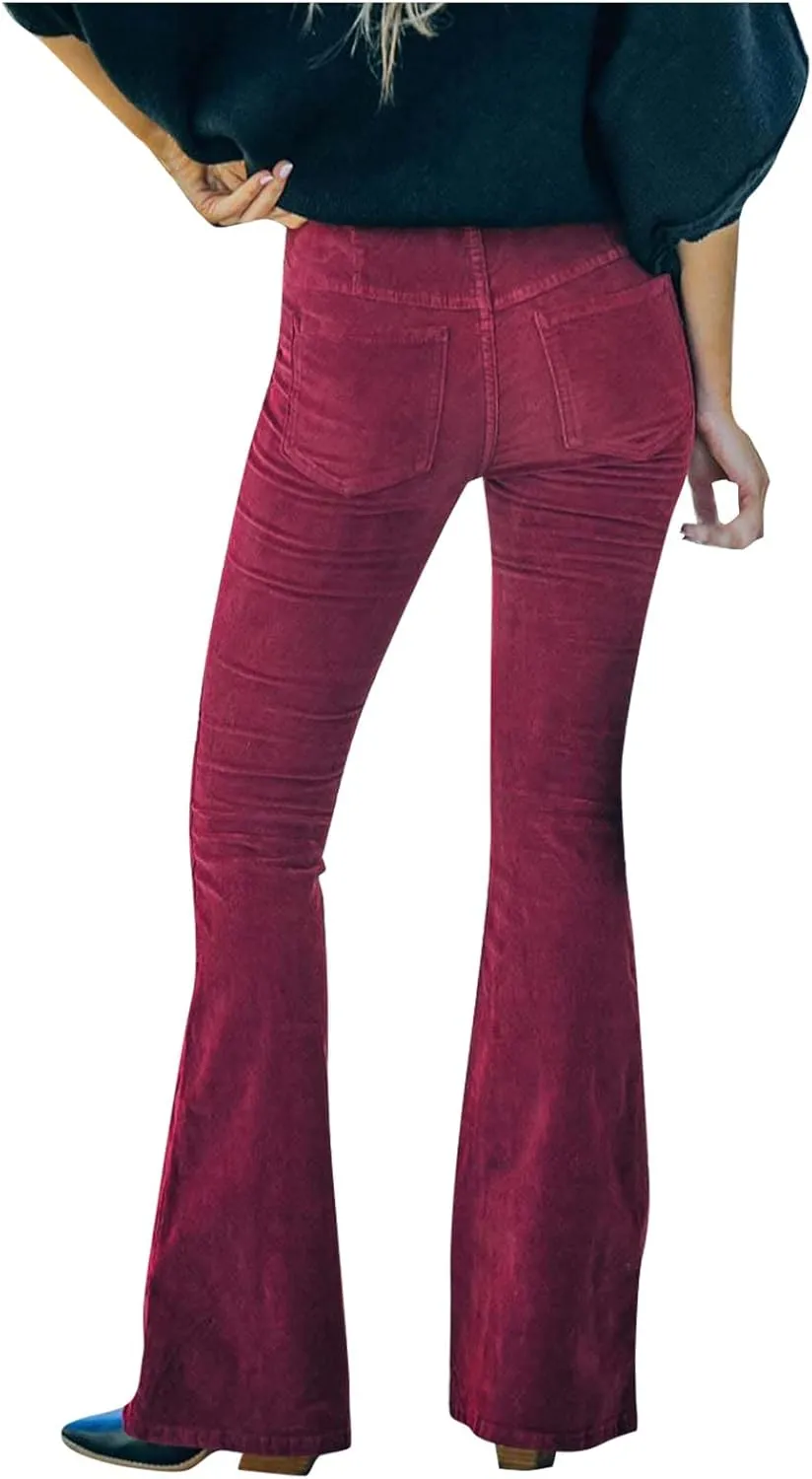 Flared Corduroy Pants Women Bootcut Pull On Work Pants Elastic High Waisted Flare Pants Bell Bottom Trousers w/Pockets