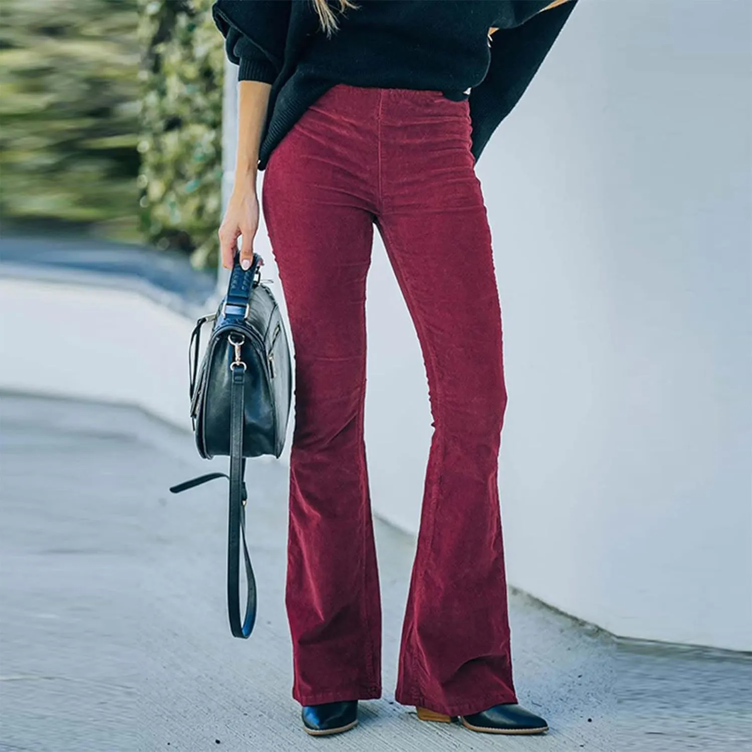 Flared Corduroy Pants Women Bootcut Pull On Work Pants Elastic High Waisted Flare Pants Bell Bottom Trousers w/Pockets