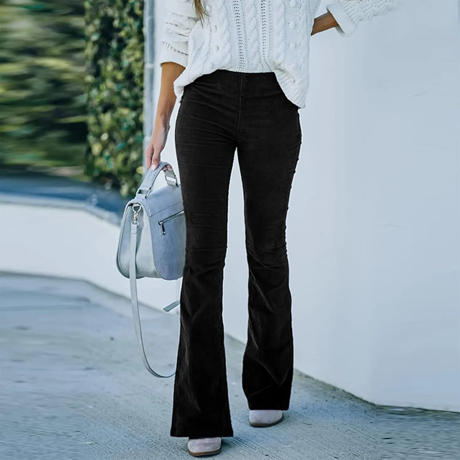 Flared Corduroy Pants Women Bootcut Pull On Work Pants Elastic High Waisted Flare Pants Bell Bottom Trousers w/Pockets