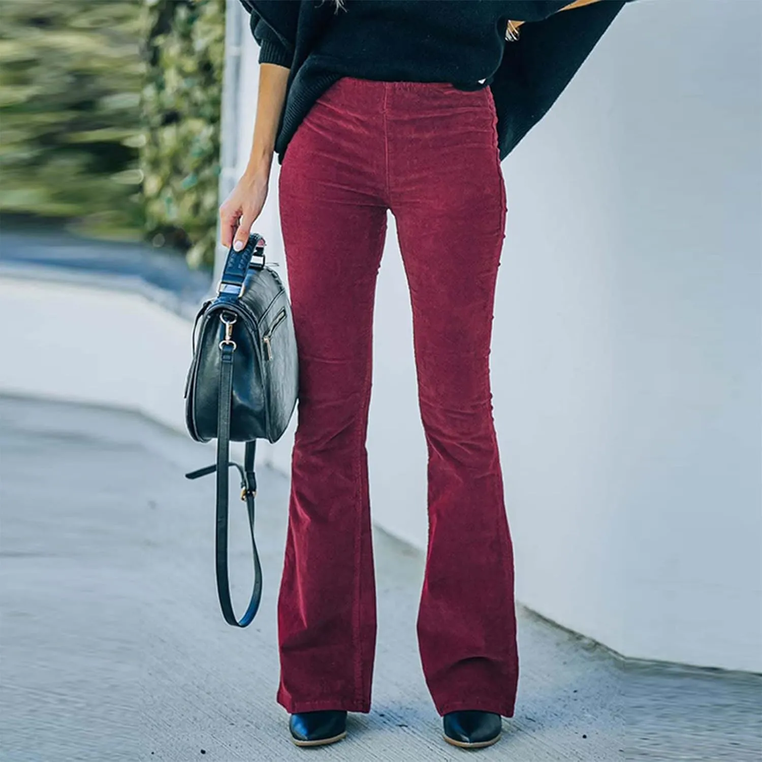 Flared Corduroy Pants Women Bootcut Pull On Work Pants Elastic High Waisted Flare Pants Bell Bottom Trousers w/Pockets