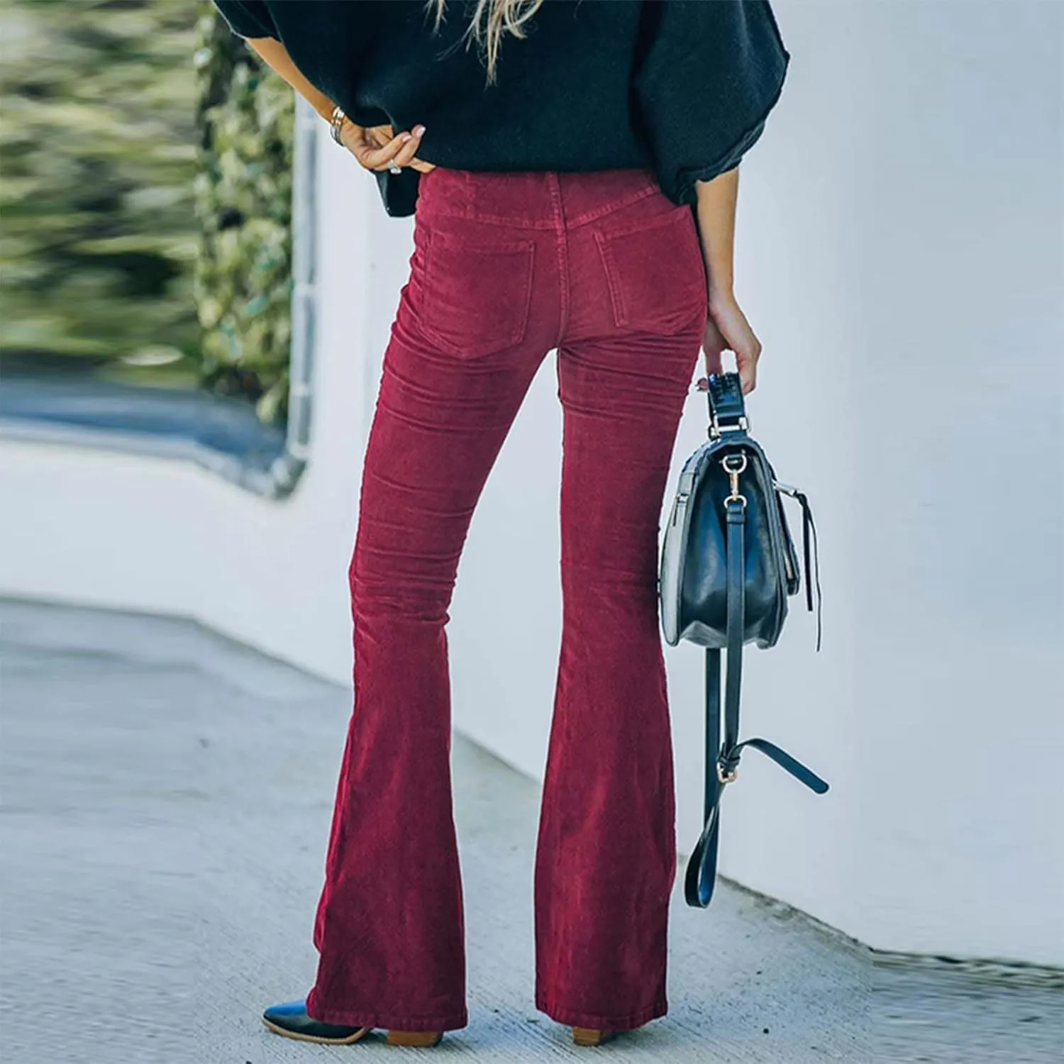 Flared Corduroy Pants Women Bootcut Pull On Work Pants Elastic High Waisted Flare Pants Bell Bottom Trousers w/Pockets