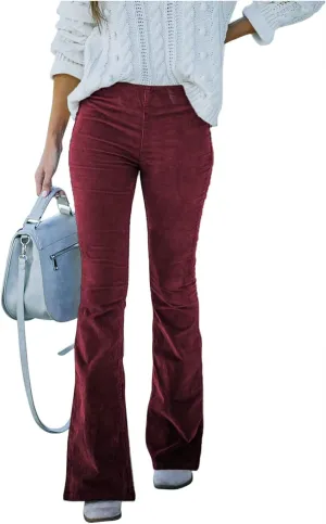 Flared Corduroy Pants Women Bootcut Pull On Work Pants Elastic High Waisted Flare Pants Bell Bottom Trousers w/Pockets