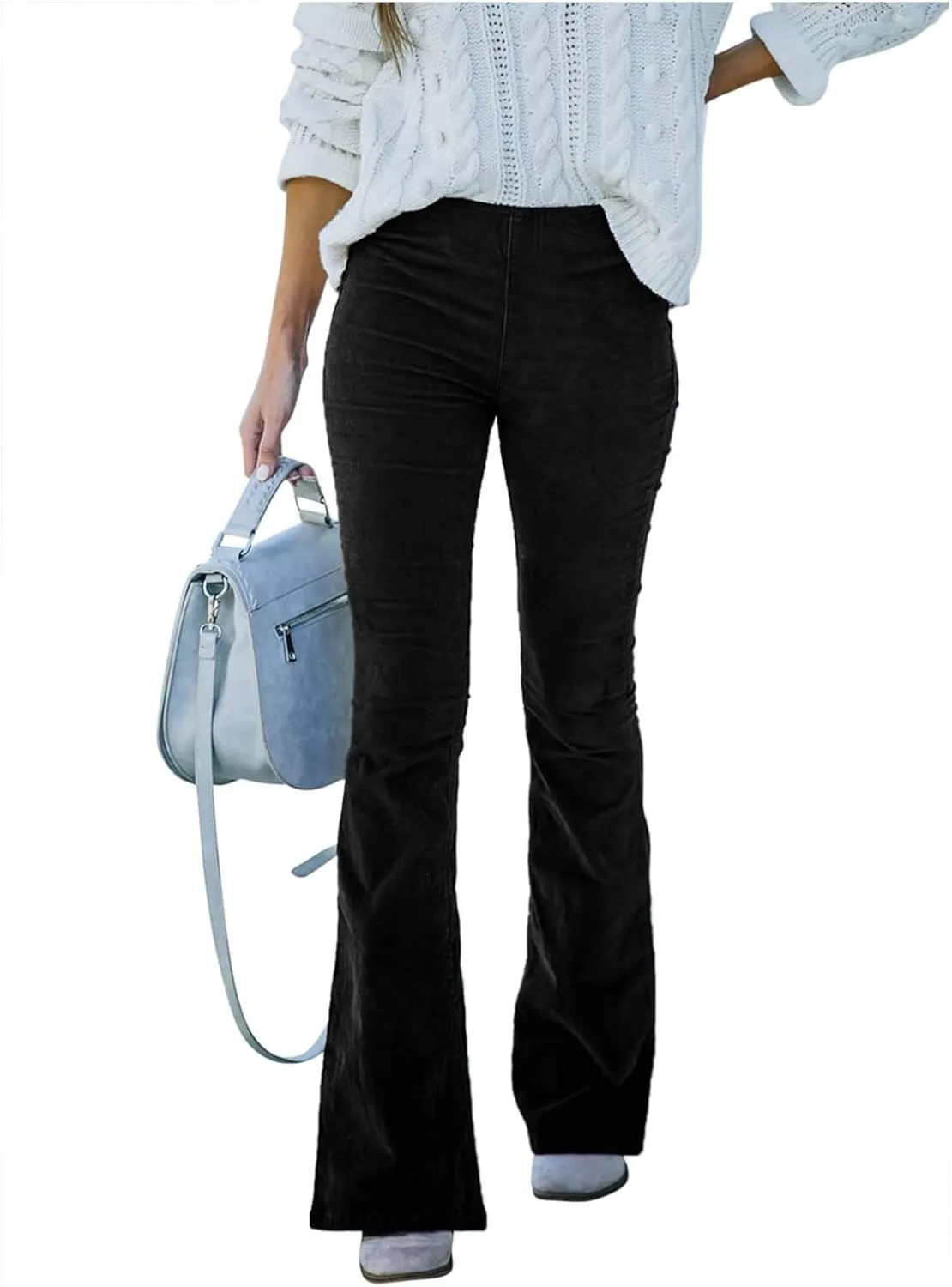 Flared Corduroy Pants Women Bootcut Pull On Work Pants Elastic High Waisted Flare Pants Bell Bottom Trousers w/Pockets