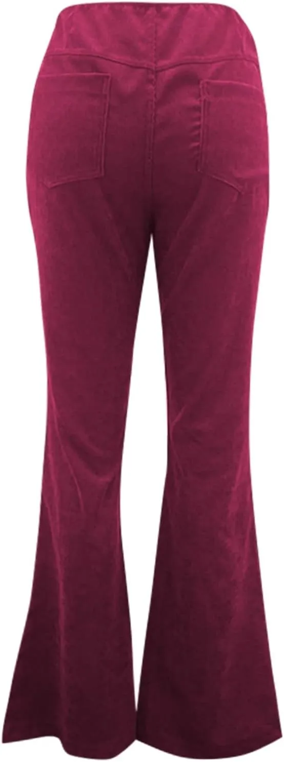 Flared Corduroy Pants Women Bootcut Pull On Work Pants Elastic High Waisted Flare Pants Bell Bottom Trousers w/Pockets