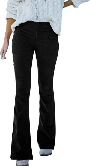 Flared Corduroy Pants Women Bootcut Pull On Work Pants Elastic High Waisted Flare Pants Bell Bottom Trousers w/Pockets