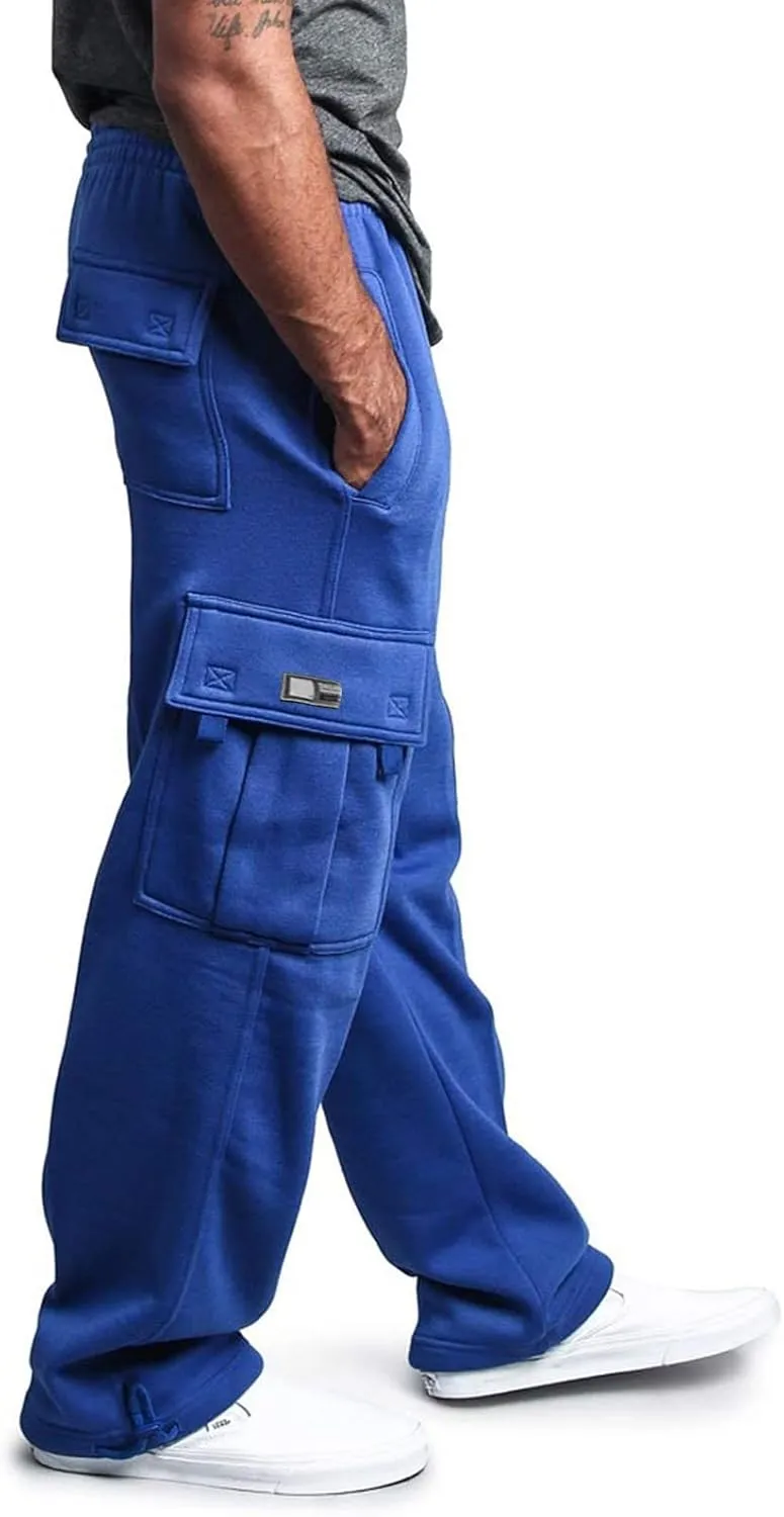 Fleece Baggy Sweatpants for Men, Straight Leg Cargo Sweatpants with Pockets, Loose Elastic Waist Drawstring Jogger Pants