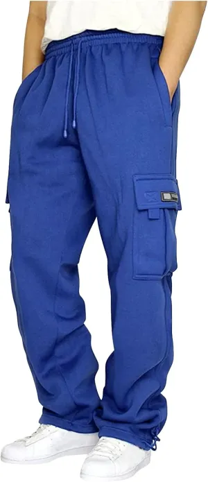Fleece Baggy Sweatpants for Men, Straight Leg Cargo Sweatpants with Pockets, Loose Elastic Waist Drawstring Jogger Pants