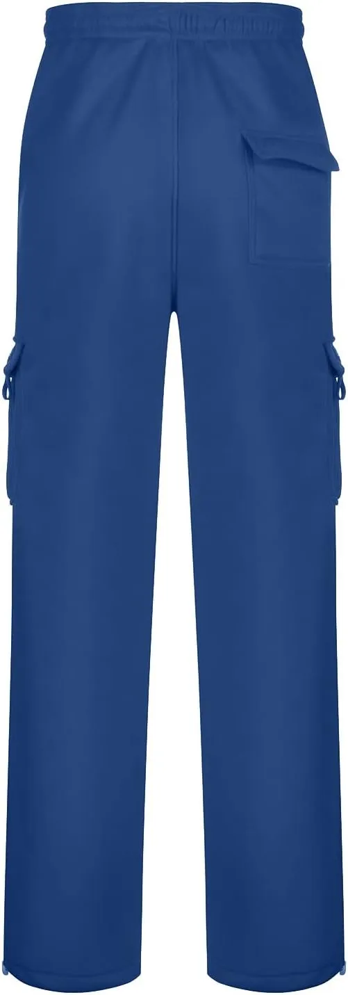 Fleece Baggy Sweatpants for Men, Straight Leg Cargo Sweatpants with Pockets, Loose Elastic Waist Drawstring Jogger Pants