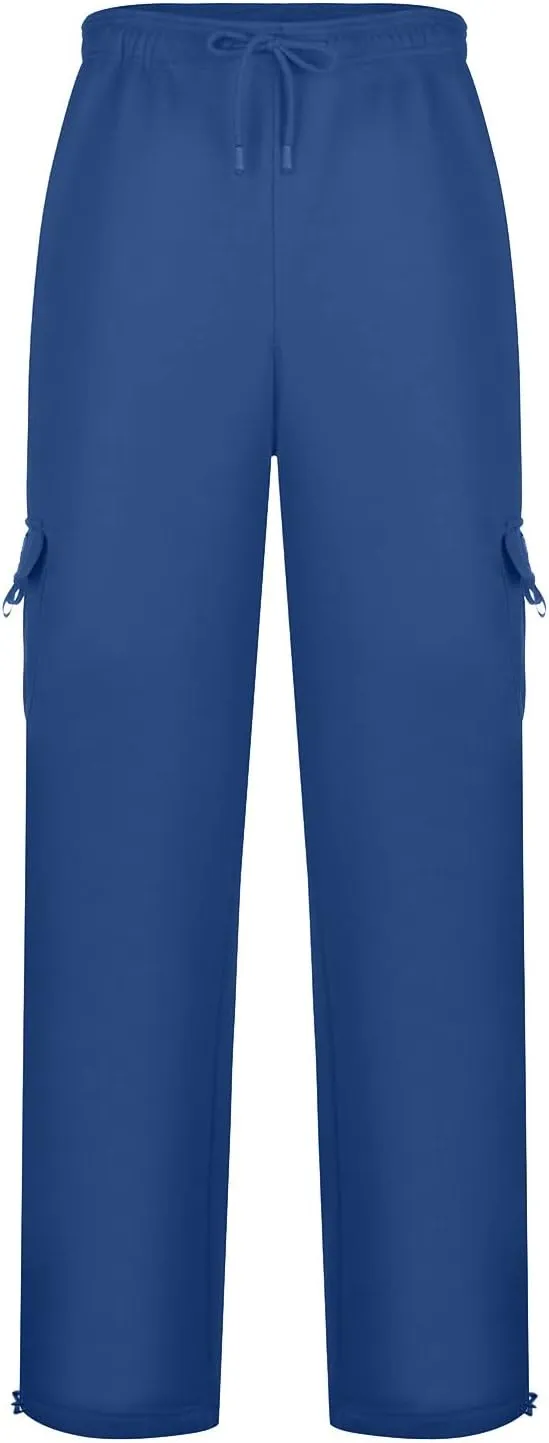 Fleece Baggy Sweatpants for Men, Straight Leg Cargo Sweatpants with Pockets, Loose Elastic Waist Drawstring Jogger Pants