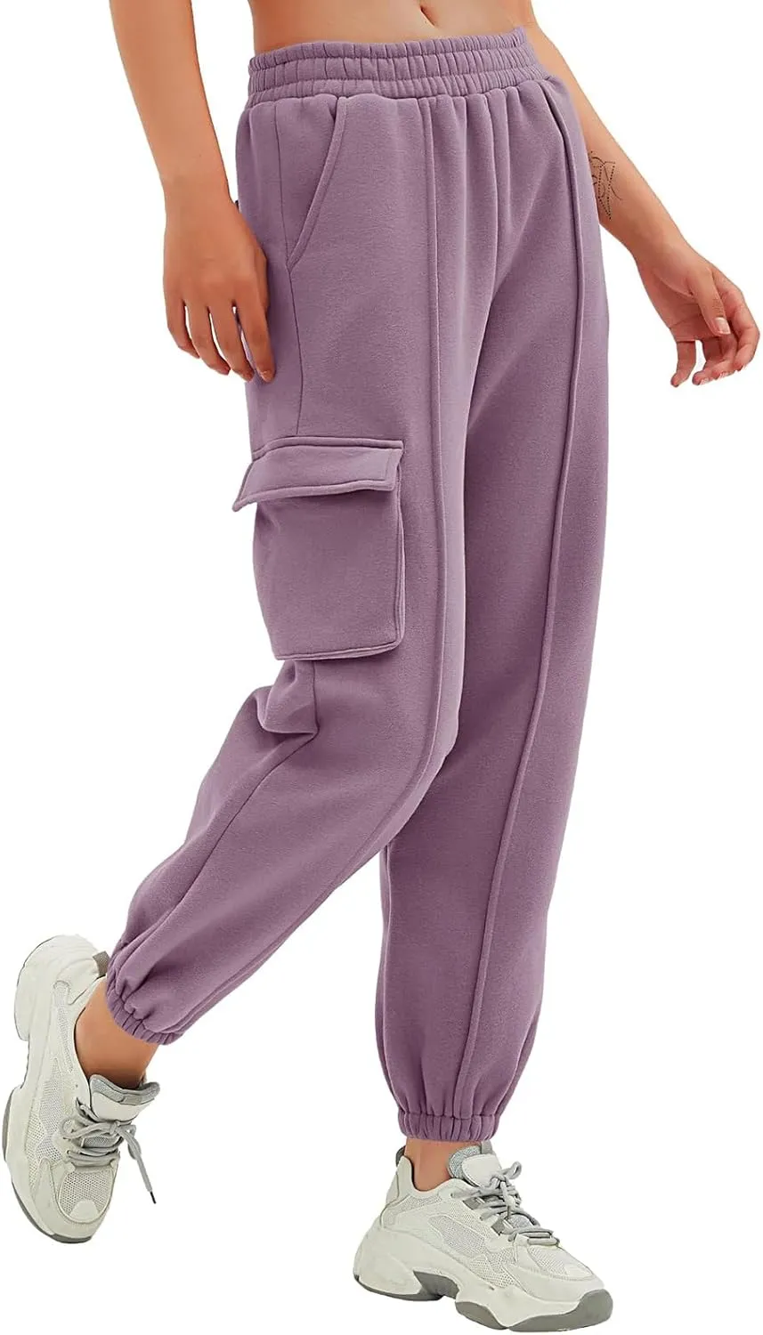Fleece Lined Sweatpants Women Multi Pocket High Waist Cinch Bottom Jogger Pants Boyfriend Basic Cozy Cargo Sweat Pants