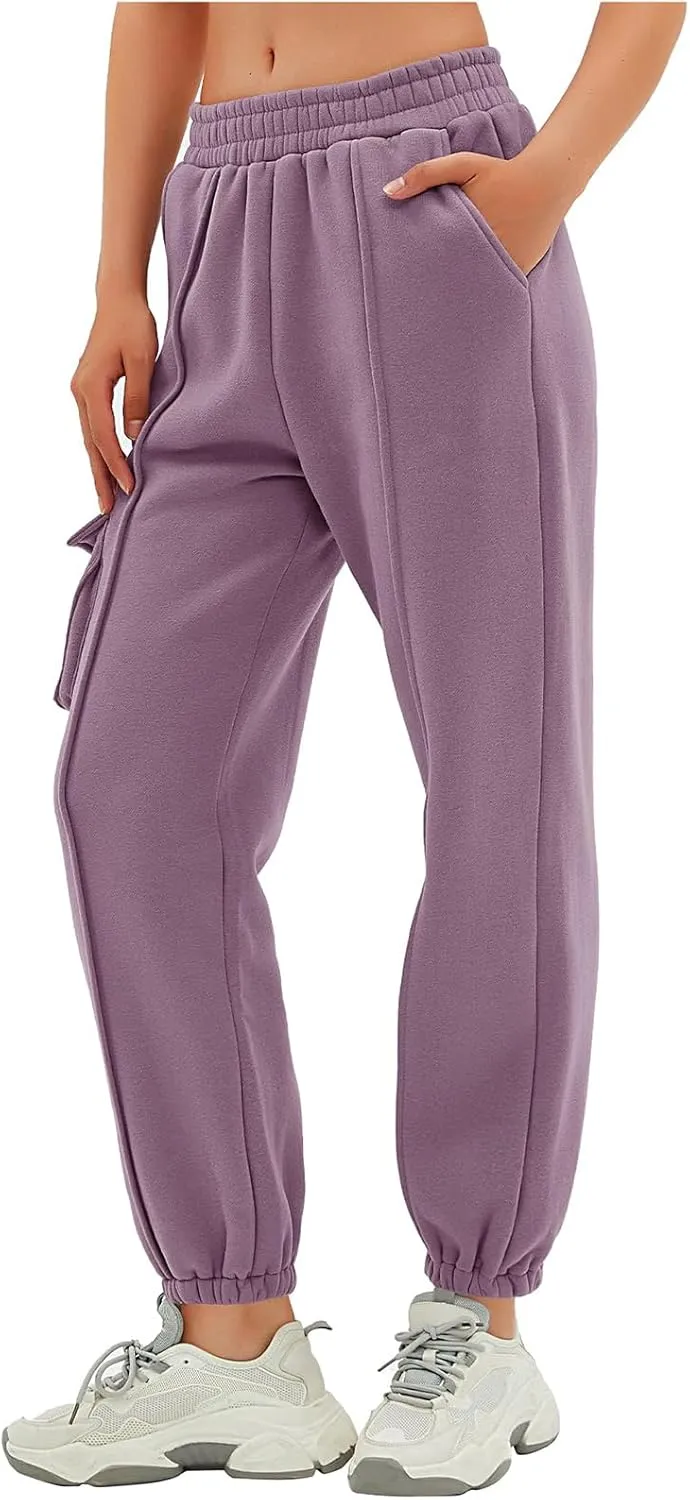 Fleece Lined Sweatpants Women Multi Pocket High Waist Cinch Bottom Jogger Pants Boyfriend Basic Cozy Cargo Sweat Pants