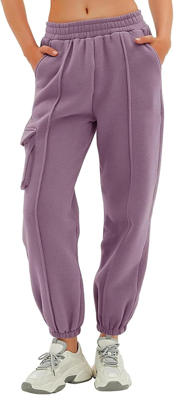 Fleece Lined Sweatpants Women Multi Pocket High Waist Cinch Bottom Jogger Pants Boyfriend Basic Cozy Cargo Sweat Pants