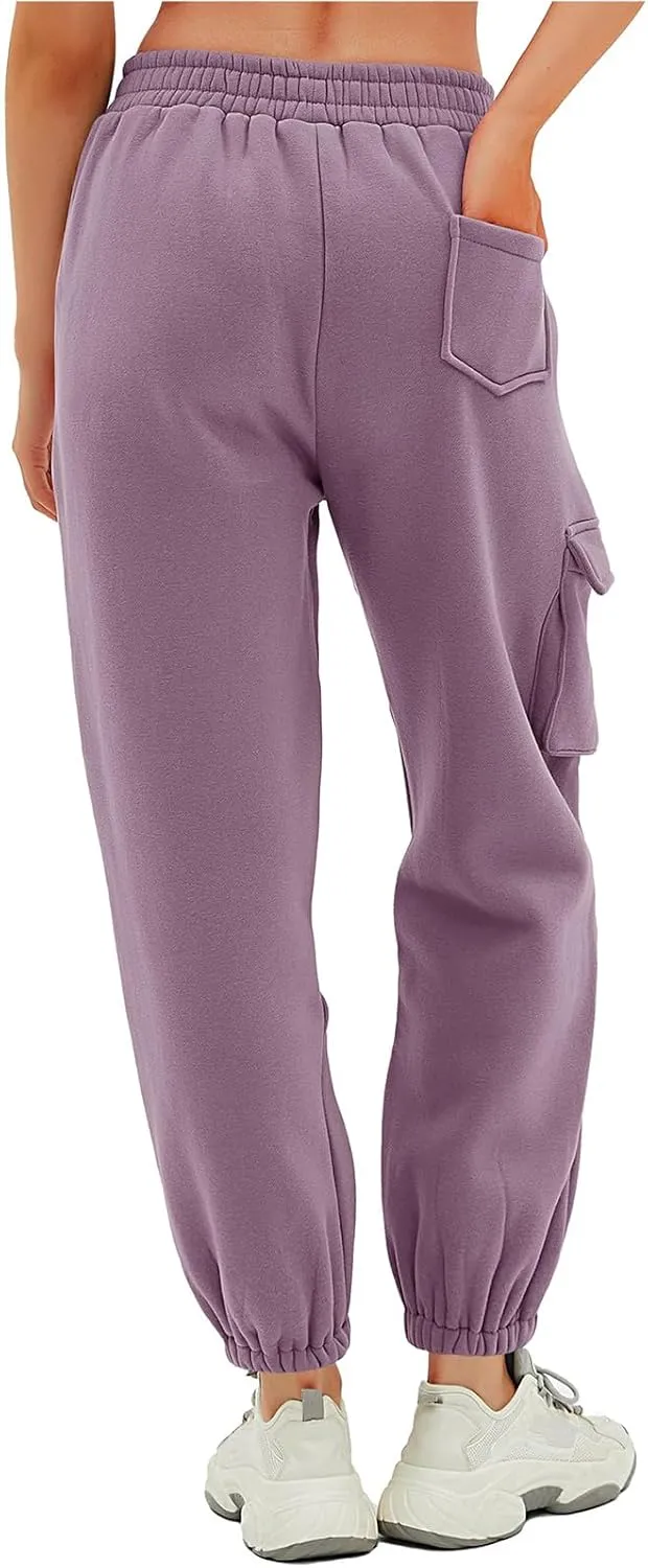 Fleece Lined Sweatpants Women Multi Pocket High Waist Cinch Bottom Jogger Pants Boyfriend Basic Cozy Cargo Sweat Pants