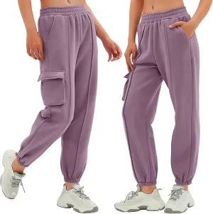 Fleece Lined Sweatpants Women Multi Pocket High Waist Cinch Bottom Jogger Pants Boyfriend Basic Cozy Cargo Sweat Pants
