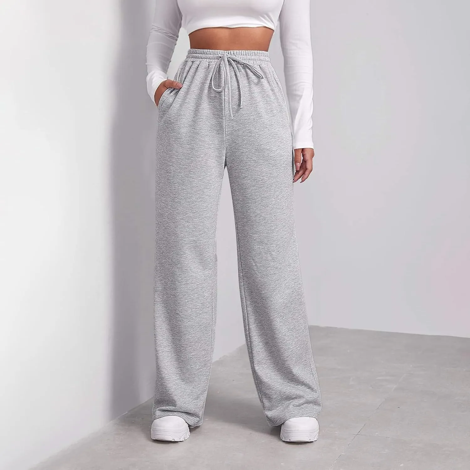 Fleece Lined Sweatpants Women Multi Pocket High Waist Cinch Bottom Jogger Pants Boyfriend Basic Cozy Cargo Sweat Pants