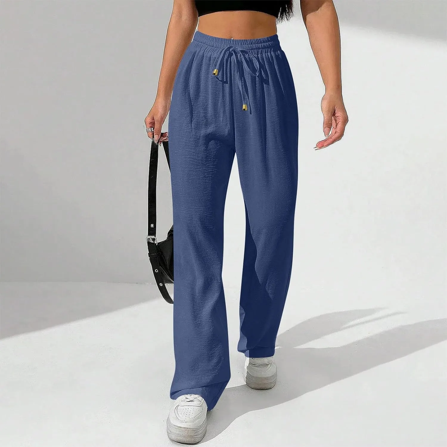 Flowy Linen Pants for Women Summer Wide Legs Pants Drawstring High Waisted Trouser Dressy Palazzo Pant with Pockets