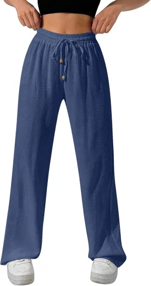 Flowy Linen Pants for Women Summer Wide Legs Pants Drawstring High Waisted Trouser Dressy Palazzo Pant with Pockets