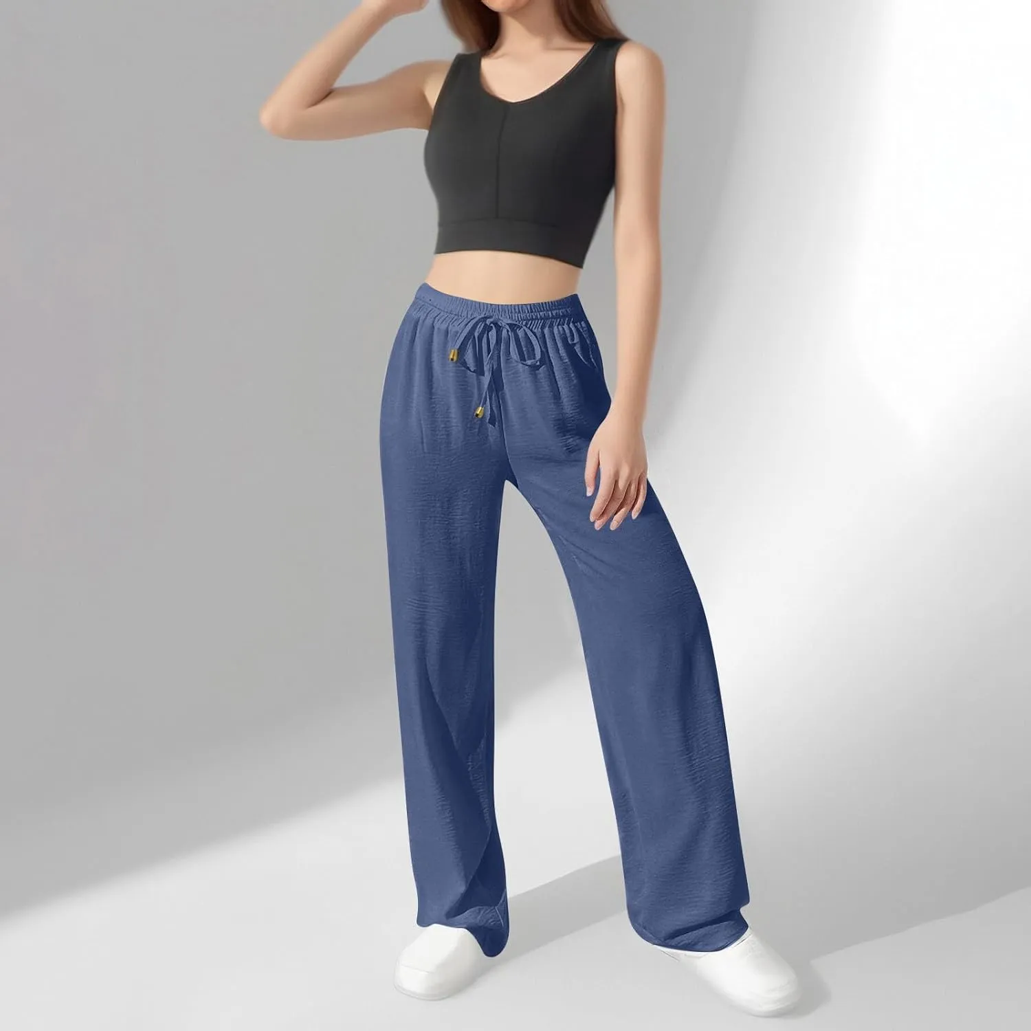 Flowy Linen Pants for Women Summer Wide Legs Pants Drawstring High Waisted Trouser Dressy Palazzo Pant with Pockets