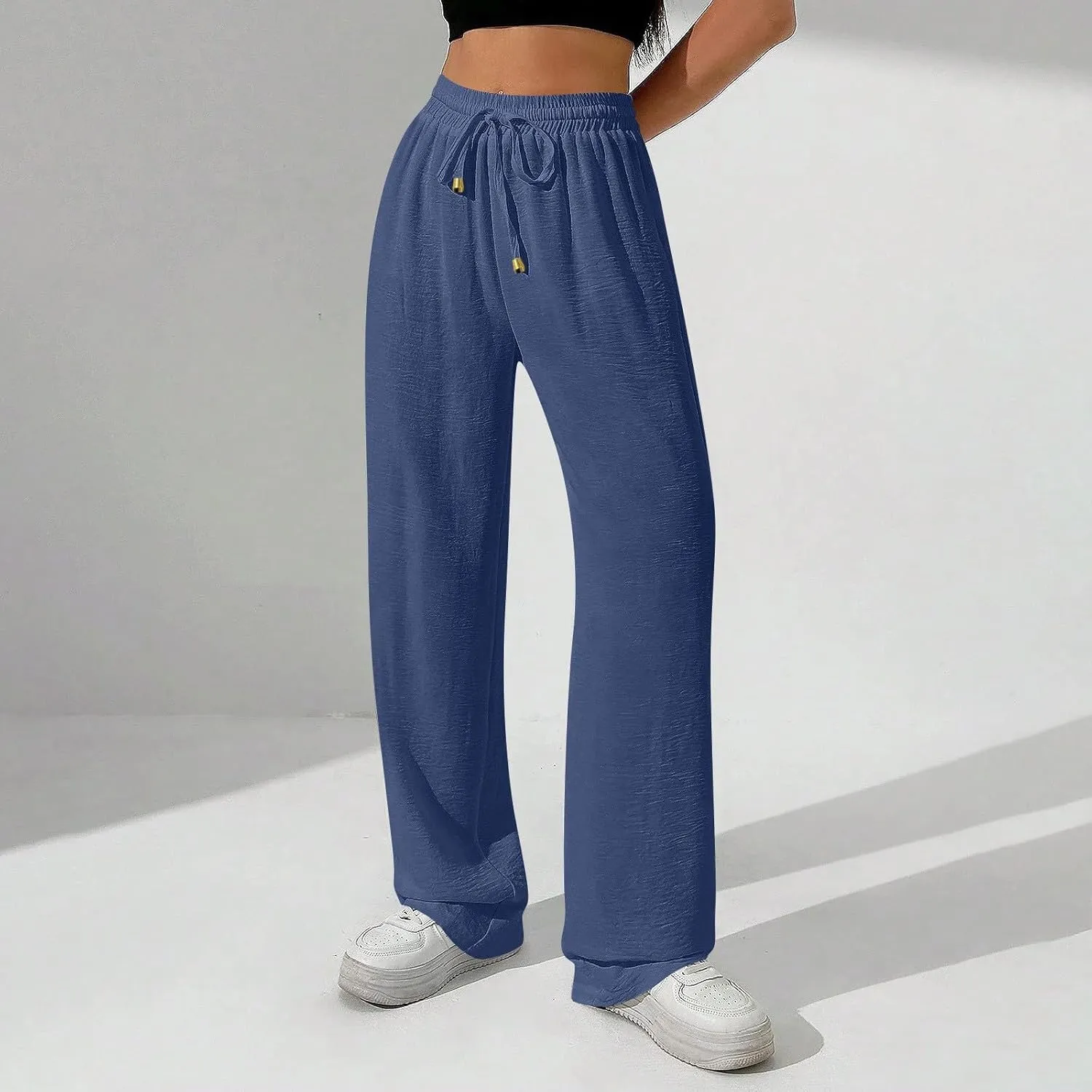 Flowy Linen Pants for Women Summer Wide Legs Pants Drawstring High Waisted Trouser Dressy Palazzo Pant with Pockets