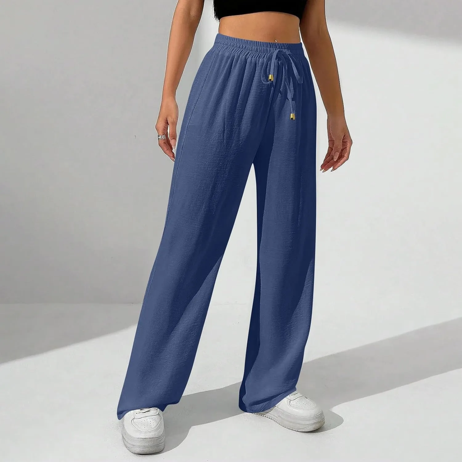 Flowy Linen Pants for Women Summer Wide Legs Pants Drawstring High Waisted Trouser Dressy Palazzo Pant with Pockets