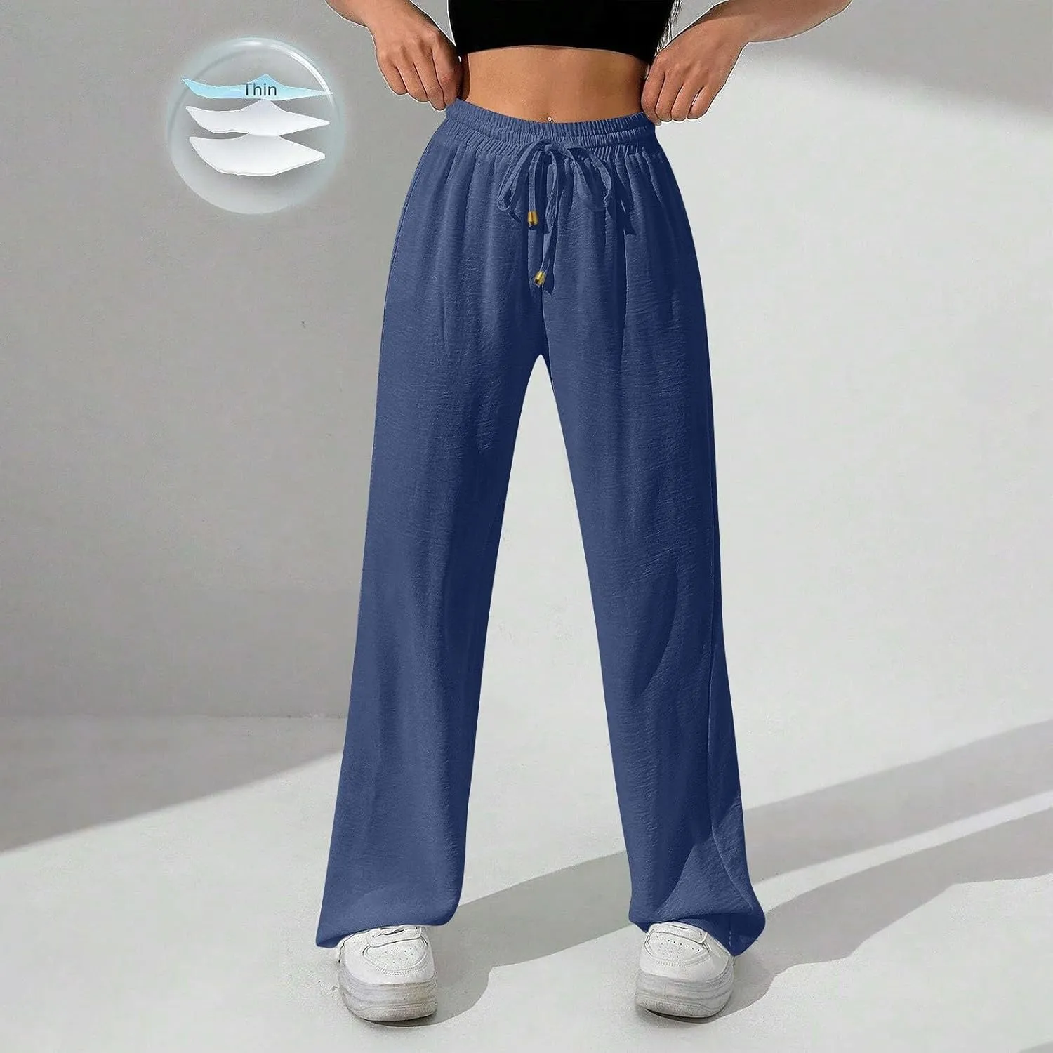 Flowy Linen Pants for Women Summer Wide Legs Pants Drawstring High Waisted Trouser Dressy Palazzo Pant with Pockets