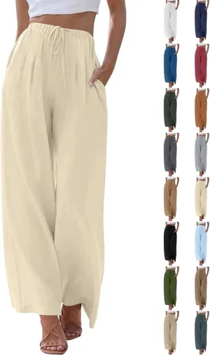 Flowy Wide Leg Linen Pants Women Summer Baggy Beach Vacation Palazzo Pants Casual High Waisted Pants with Pockets