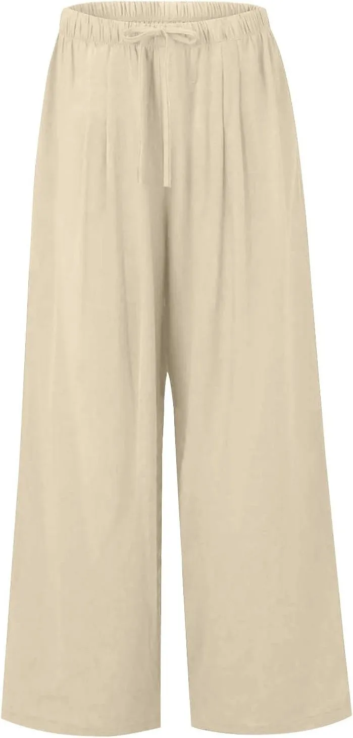 Flowy Wide Leg Linen Pants Women Summer Baggy Beach Vacation Palazzo Pants Casual High Waisted Pants with Pockets