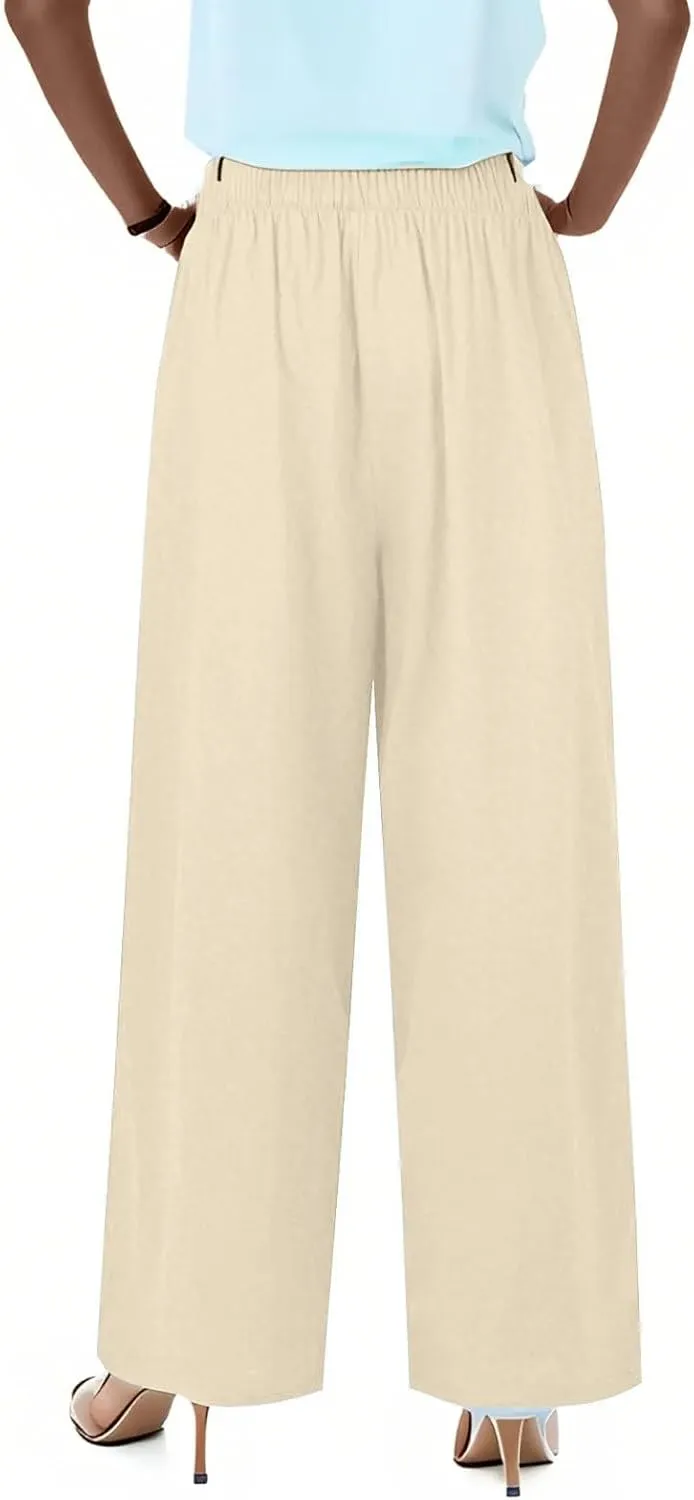 Flowy Wide Leg Linen Pants Women Summer Baggy Beach Vacation Palazzo Pants Casual High Waisted Pants with Pockets