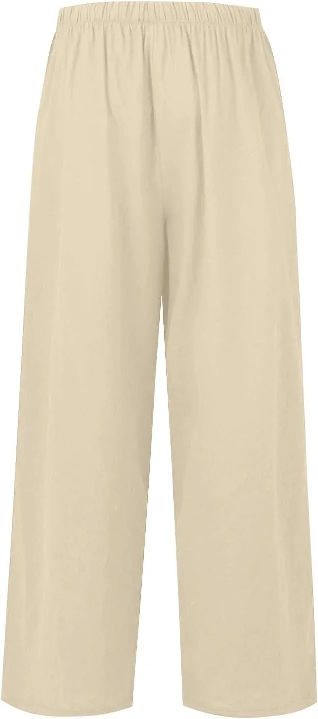 Flowy Wide Leg Linen Pants Women Summer Baggy Beach Vacation Palazzo Pants Casual High Waisted Pants with Pockets