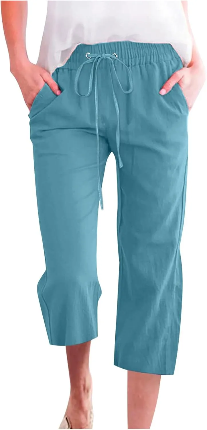 FZYLQY Capri Pants for Women Casual 2025 Summer Drawstring Elastic High Waist Linen Pant Straight Wide Leg Cropped Trousers