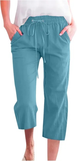 FZYLQY Capri Pants for Women Casual 2025 Summer Drawstring Elastic High Waist Linen Pant Straight Wide Leg Cropped Trousers