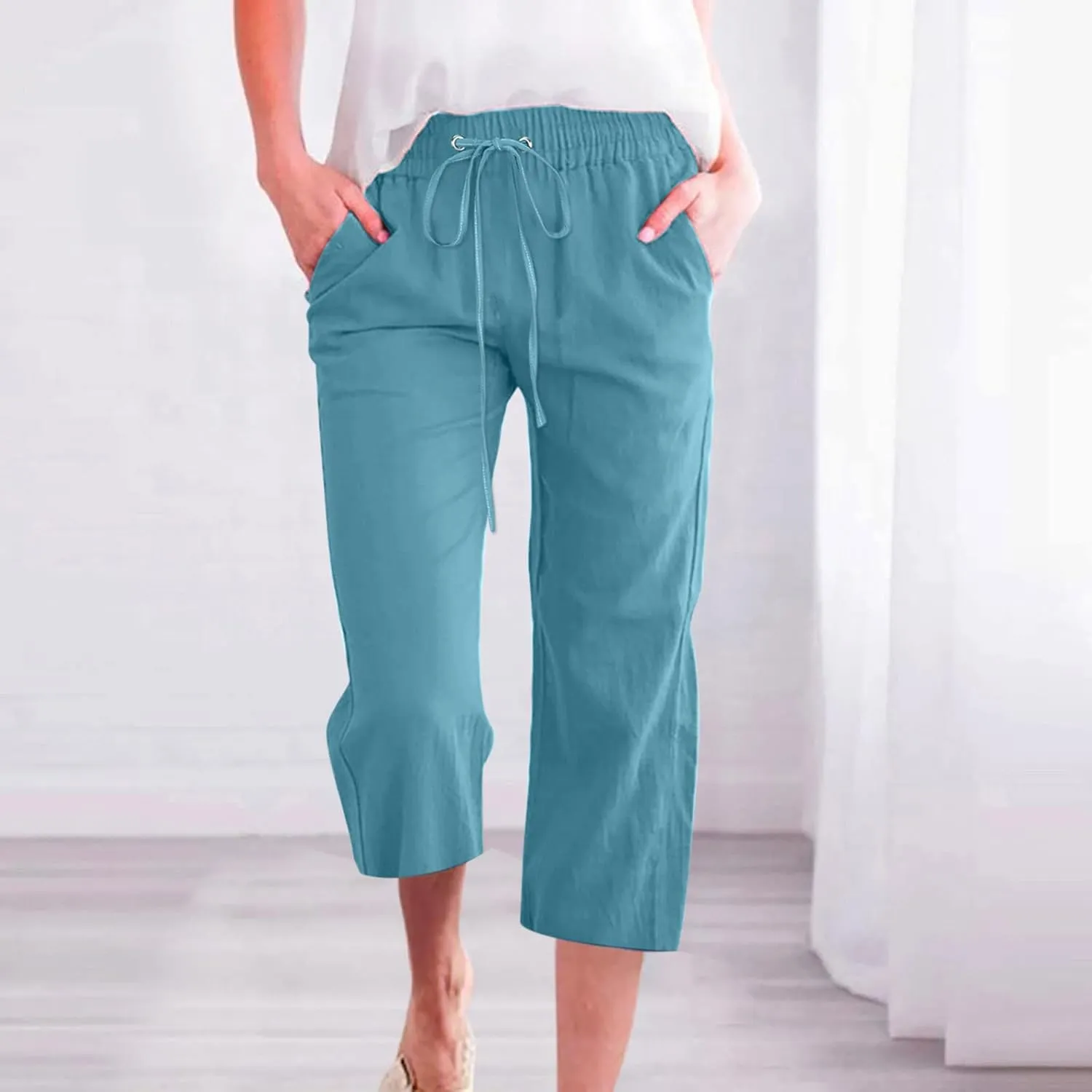 FZYLQY Capri Pants for Women Casual 2025 Summer Drawstring Elastic High Waist Linen Pant Straight Wide Leg Cropped Trousers