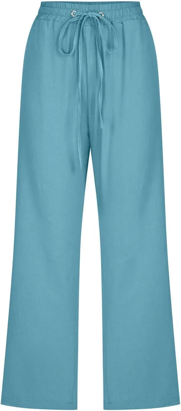 FZYLQY Capri Pants for Women Casual 2025 Summer Drawstring Elastic High Waist Linen Pant Straight Wide Leg Cropped Trousers