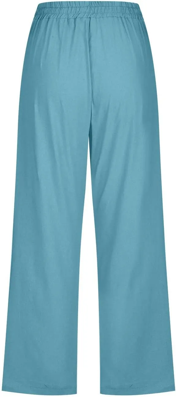 FZYLQY Capri Pants for Women Casual 2025 Summer Drawstring Elastic High Waist Linen Pant Straight Wide Leg Cropped Trousers