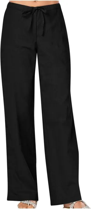 FZYLQY Women's Cotton Linen Pants, Ladies 2025 Summer Wide Leg Pants Casual Loose Elastic High Waist Palazzo Trousers