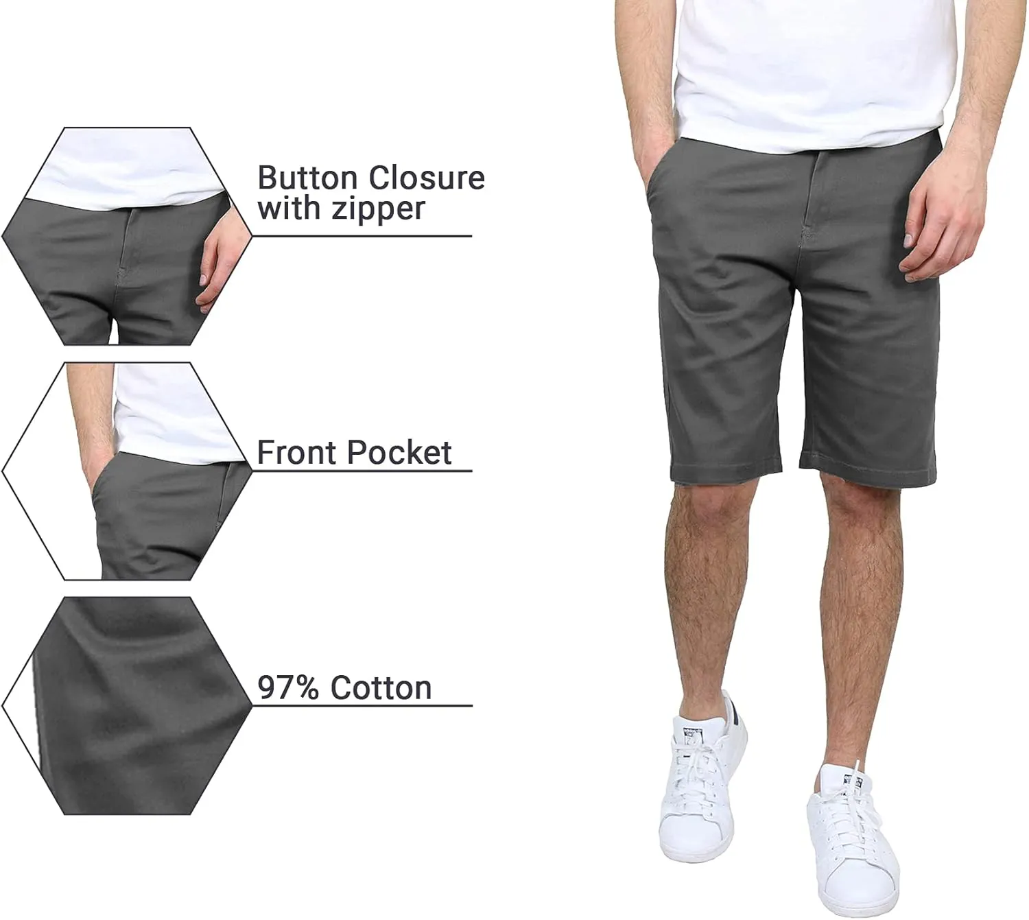 Galaxy by Harvic Men's 5-Pocket Flat-Front Slim-Fit Cotton Stretch Chino Shorts (Size 30-42)